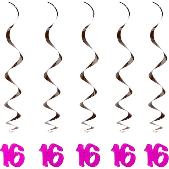 Beistle Pack of 30 Black & Cerise Pink 16th Birthday Metallic Spiral Hanging Party Decoration Whirls