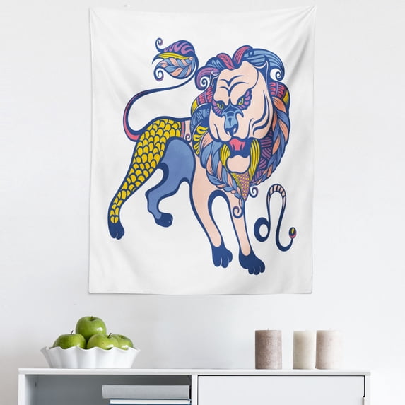 Zodiac Signs Tapestry, Horoscope Leo Pattern Tribal Themed Ornamental Colorful Animal Sign, Fabric Wall Hanging Decor for Bedroom Living Room Dorm, 5 Sizes, White and Multicolor, by Ambesonne