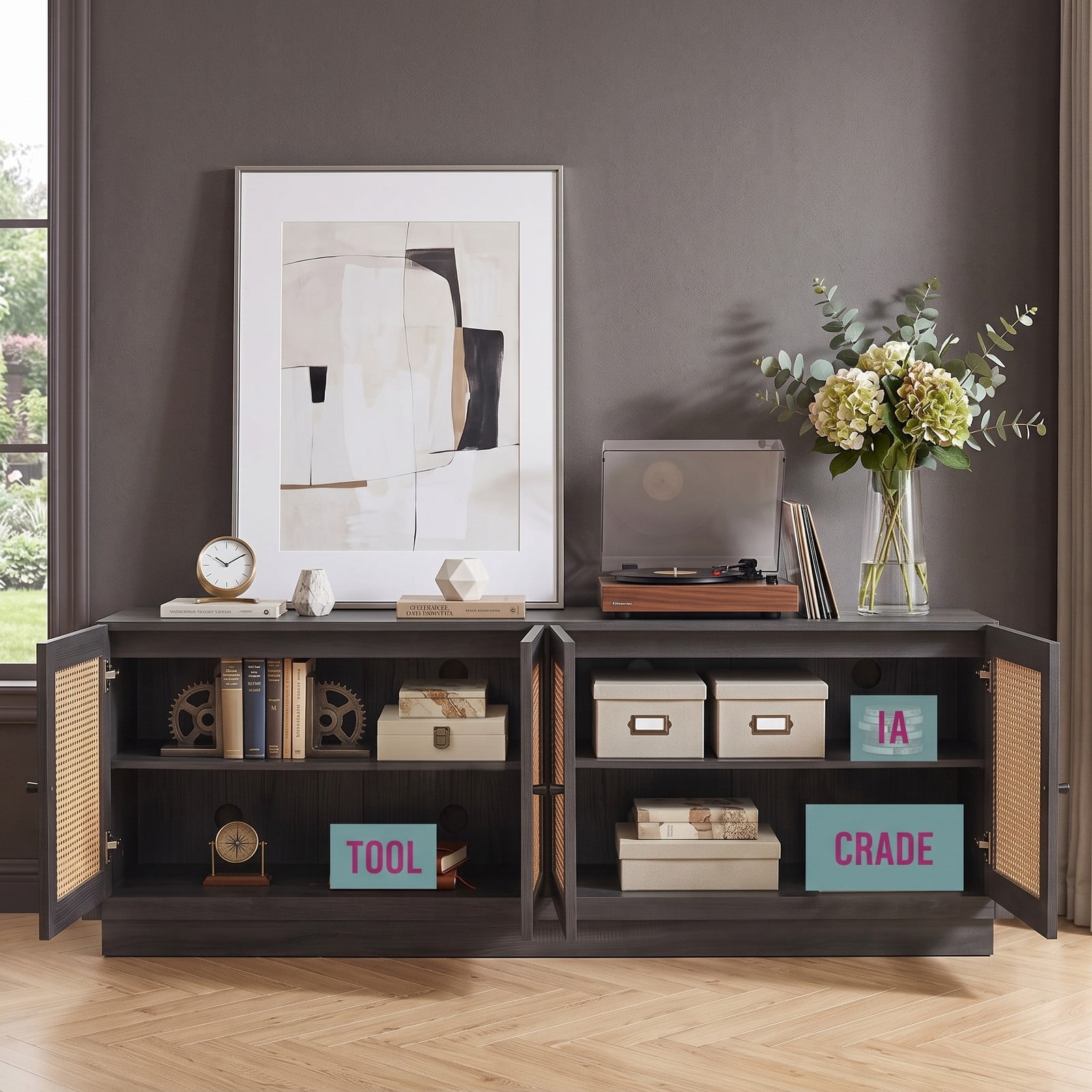 Furnibear Farmhouse TV Stand for TVs up to 75 Inches, 70 Inch Entertainment Center with PE Rattan Cabinet Doors and Adjustable Shelves, Rattan Media Console for, Black