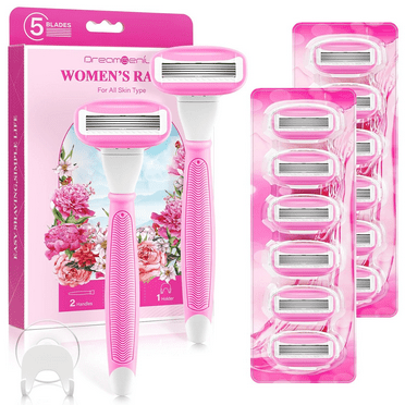 Razors for Women Include 2 Non-Slip Handles and 14 Razor Refills, 5 Premium Blades Women's Razors for Shaving with a Shower Holder, Disposable Razor with 360° Lubrication Reduces Irritation, Pink