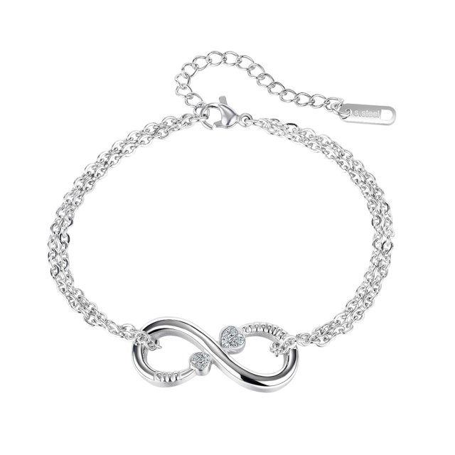Pulsera para niñas y mujeres de acero inoxidable con circonita cúbica y colgante de corazón ajustable
