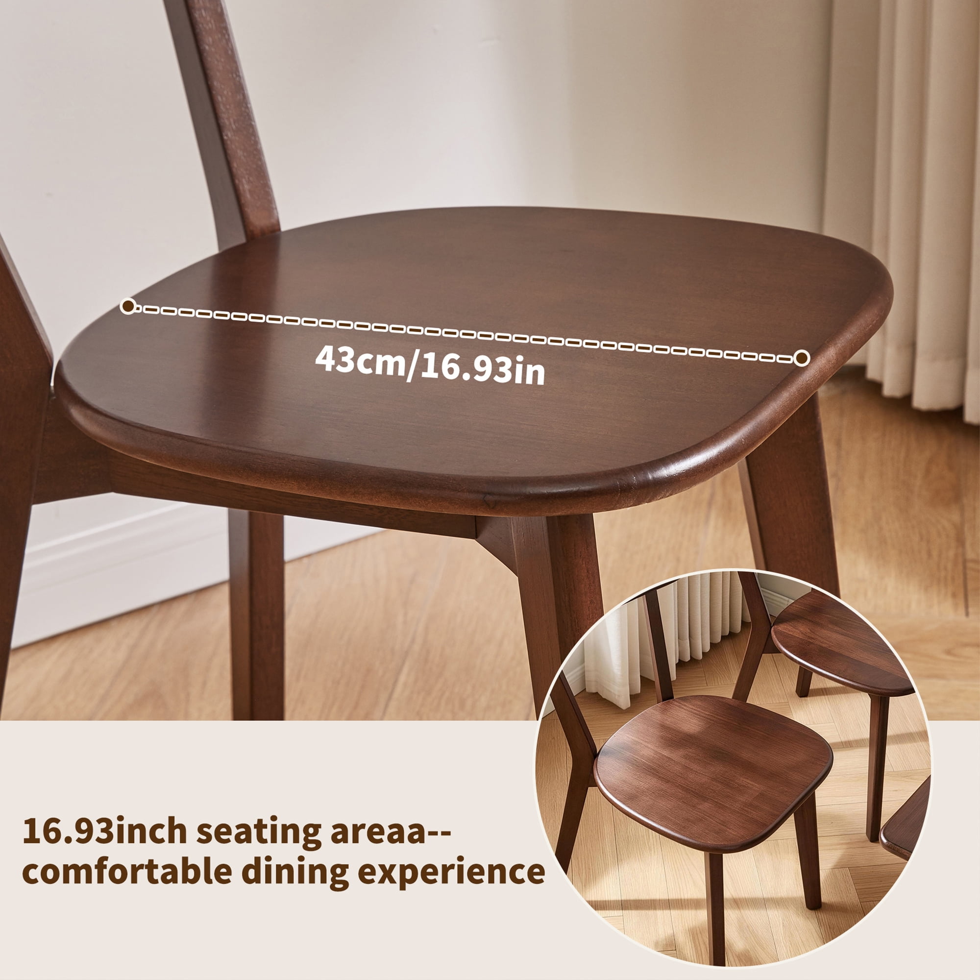 Dining Chairs Set of 2, Solid Rubberwood Kitchen Chairs with Curved Backrest, Wooden Accent Chairs for Vanity and Breakfast Nook, Dark Walnut