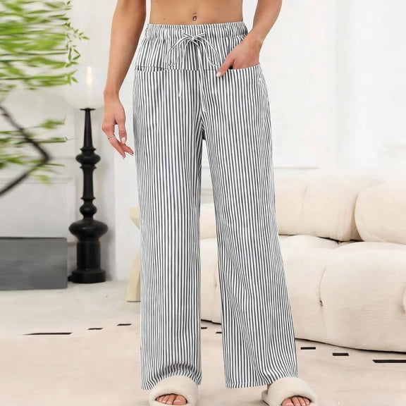 TaTaai Striped Drawstring Women Loose Fit Wide Leg Straight Pants Pocket Design Machine Washable No Fading Casual Daily Wear Full Length Trousers Gift