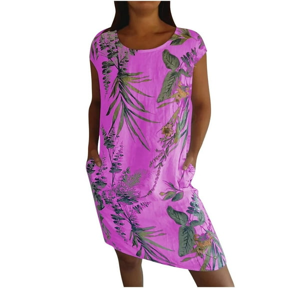 Womens Plus Size Floral Dresses Summer Casual Cap Sleeve Midi Dresses with Pocket Loose Travel Vacation Outfits Purple, 4XL