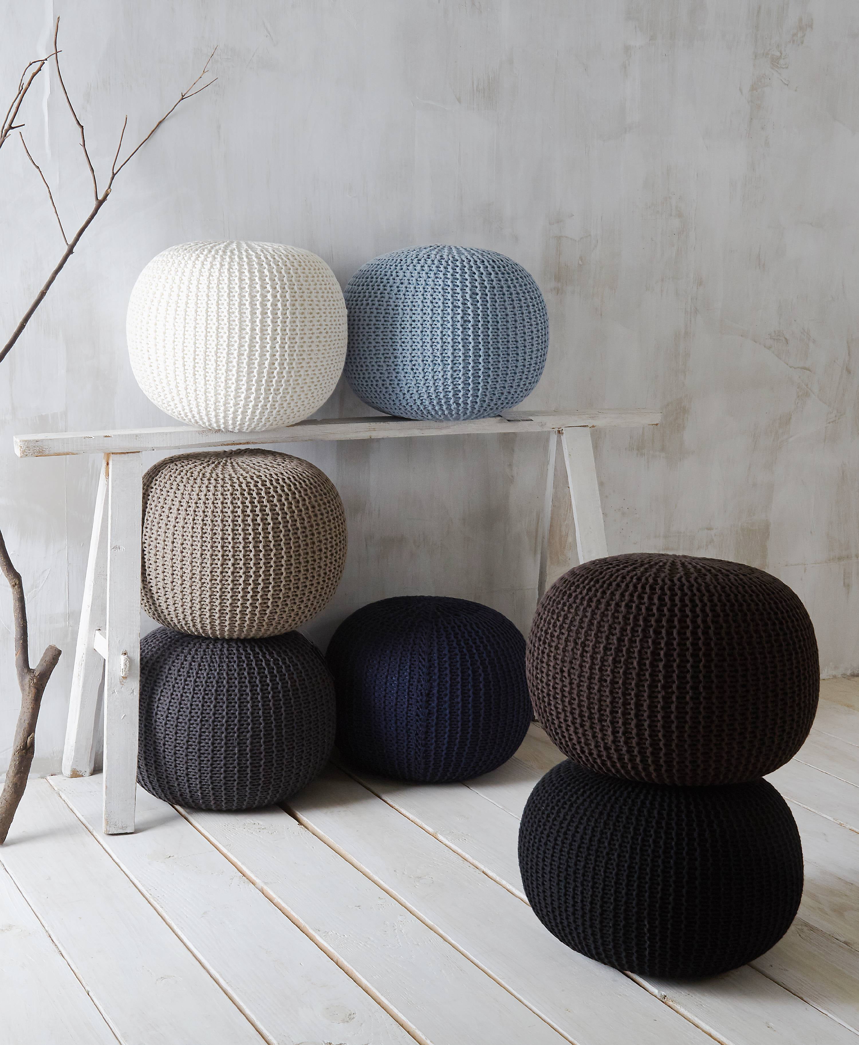 Urban Shop Round Solid Knit Polyester Pouf, Blue