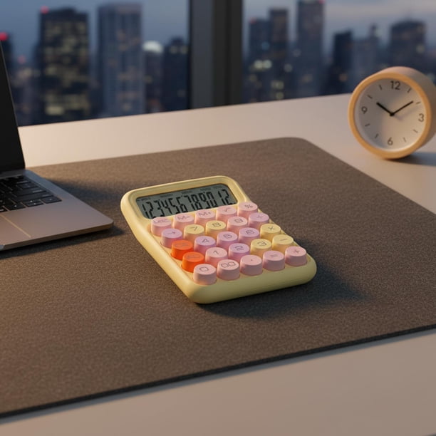 Calculadora de escritorio compacta y ligera, ideal como accesorio. Regalos prácticos. Botón mecánico portátil para clase, escuela, negocios y hogar. Amarillo