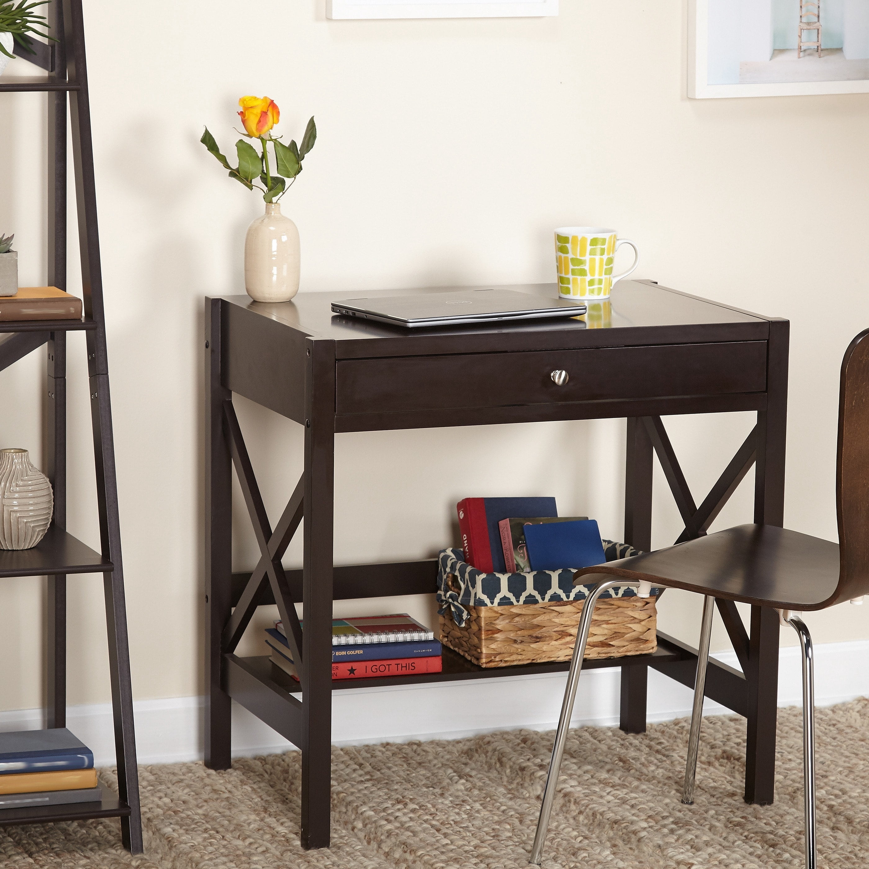 X Desk with Pullout Drawer and Shelf, Multiple Colors