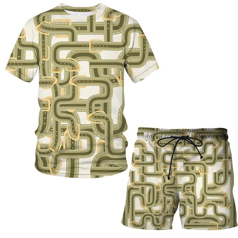 Men's Short Sleeve T Shirts and Shorts Set Gold Chain 3D Digital Printing  Sportswear 2 Piece Tracksuit Summer Outfits 
