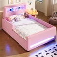 thumbnail image 3 of Euroco Upholstered Twin Size Platform Bed with LED Light and USB Ports, 2 Drawers, Pink, 3 of 12