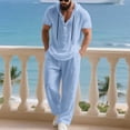 thumbnail image 6 of FRSASU Men's 2 Piece Linen Outfits Short Sleeve Henley Hooded Shirt and Beach Pants Set Casual Summer Matching Set Light Blue, 6 of 9