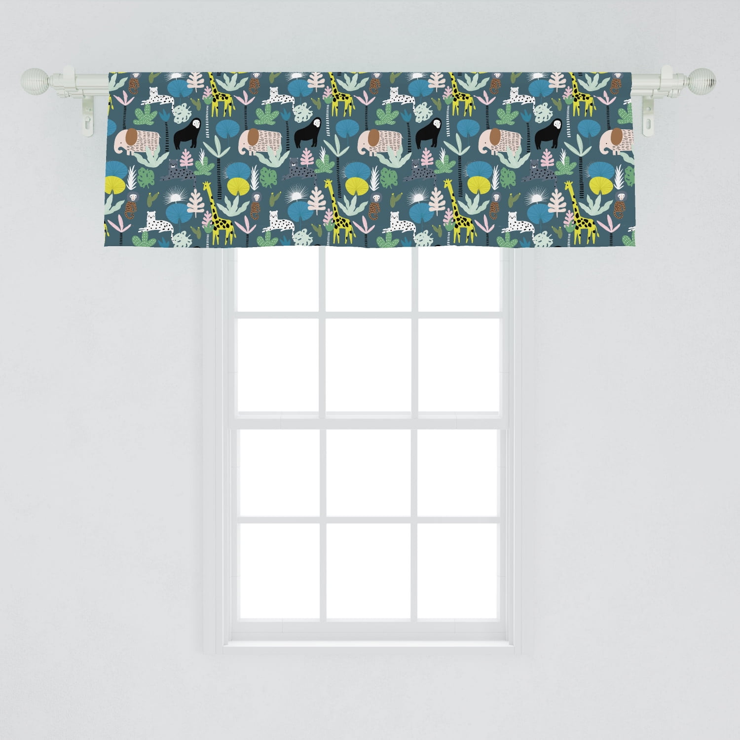Jungle Window Valance, Pattern with Giraffe Leopard Toucan Elephant and ...