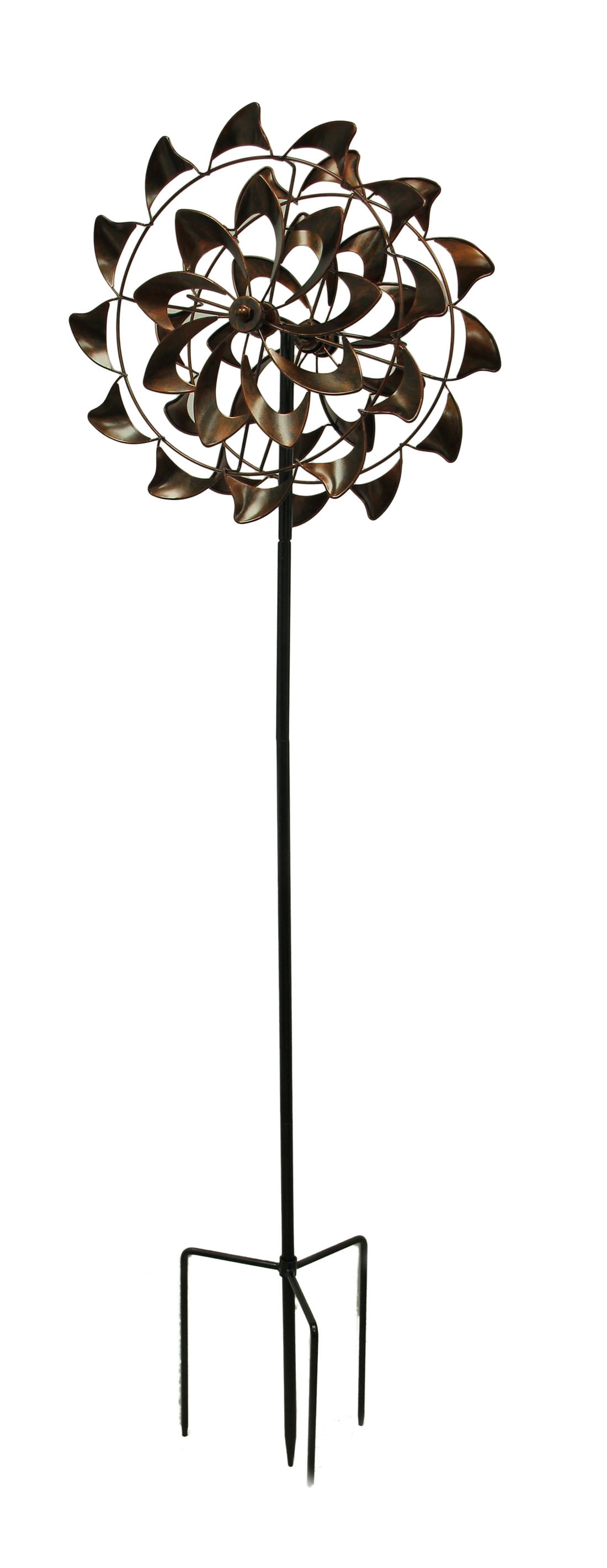 Antique Copper Finish Metal Art Dual Pinwheel Wind Spinner Garden Stake