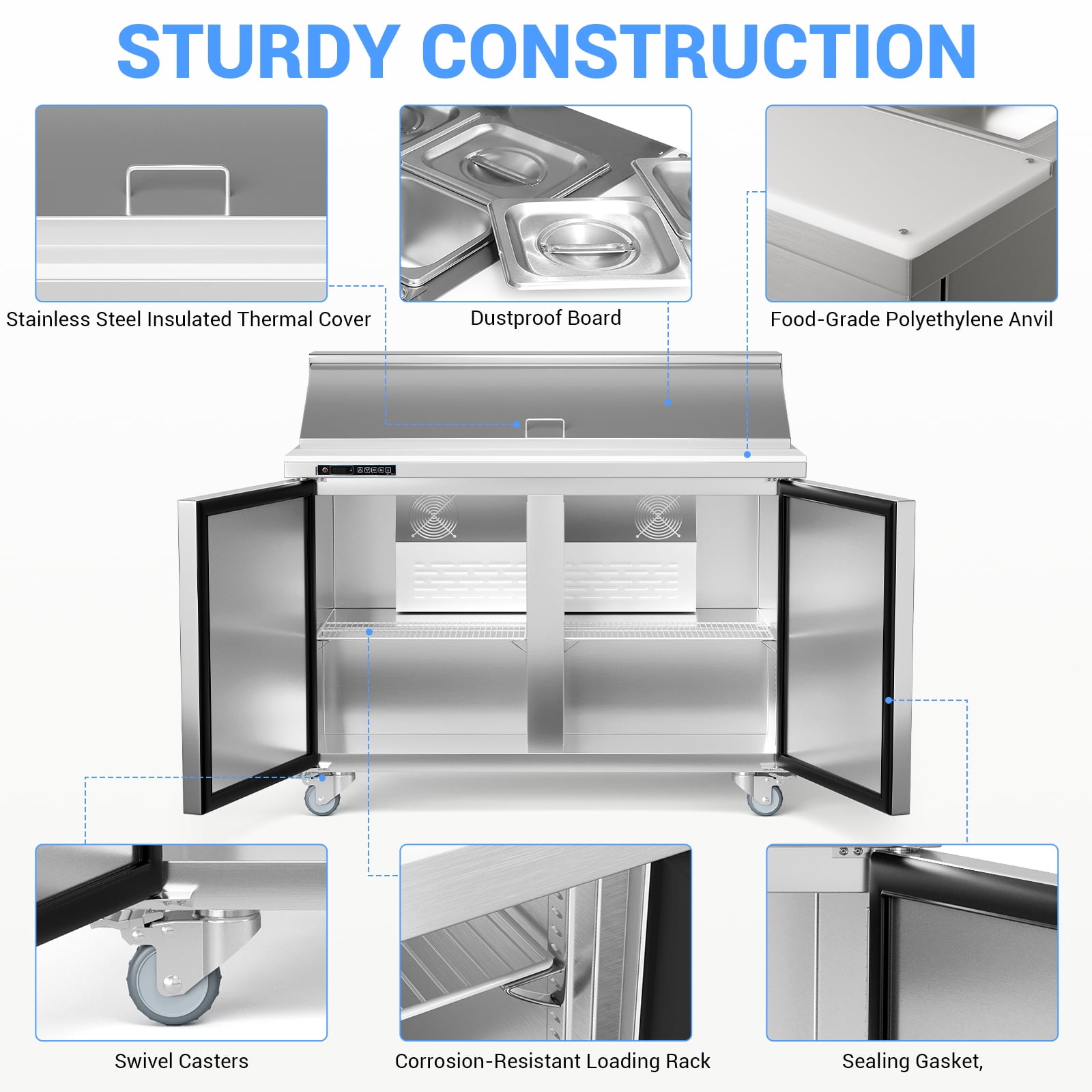 48" W 2 Door Refrigerator Sandwich & Salad Prep Table Commercial Top Refrigerator Stainless Steel Counter Fan Cooling with 12 pans-48 Large Capacity Inches for Restaurant