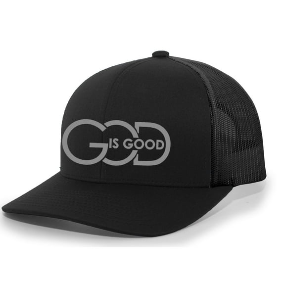 Mens Christian Hat God is Good Mens Christian Mesh Back Trucker Hat Baseball Cap-Black/Black