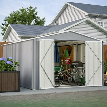 LZBEITEM 10 x 12 ft. Outdoor Storage Shed with Floor Frame Kit, Galvanized Steel Garden Shed, Metal ShedsGarden Tool Shed with Double Lockable Doors for Backyard Patio Lawn, Gray