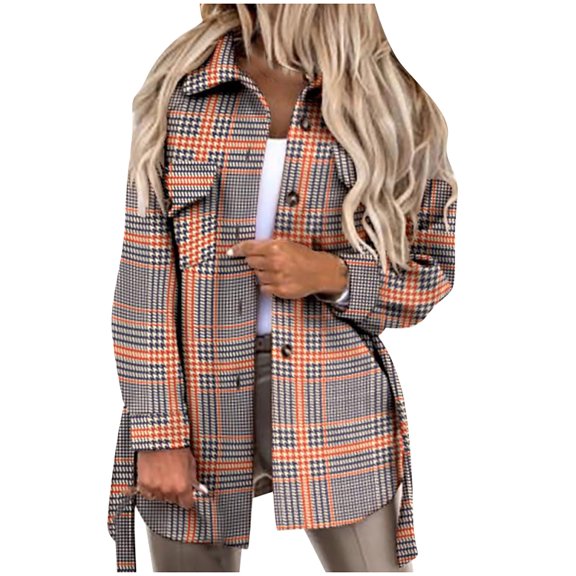 IROINNID Women's Shacket Jacket Long Sleeve Plaid Turndown Lapel Outwear, Loose Autumn and Winter Plaid Lapel Woolen Cloth Jacket Trench Jacket Long Over Outwear