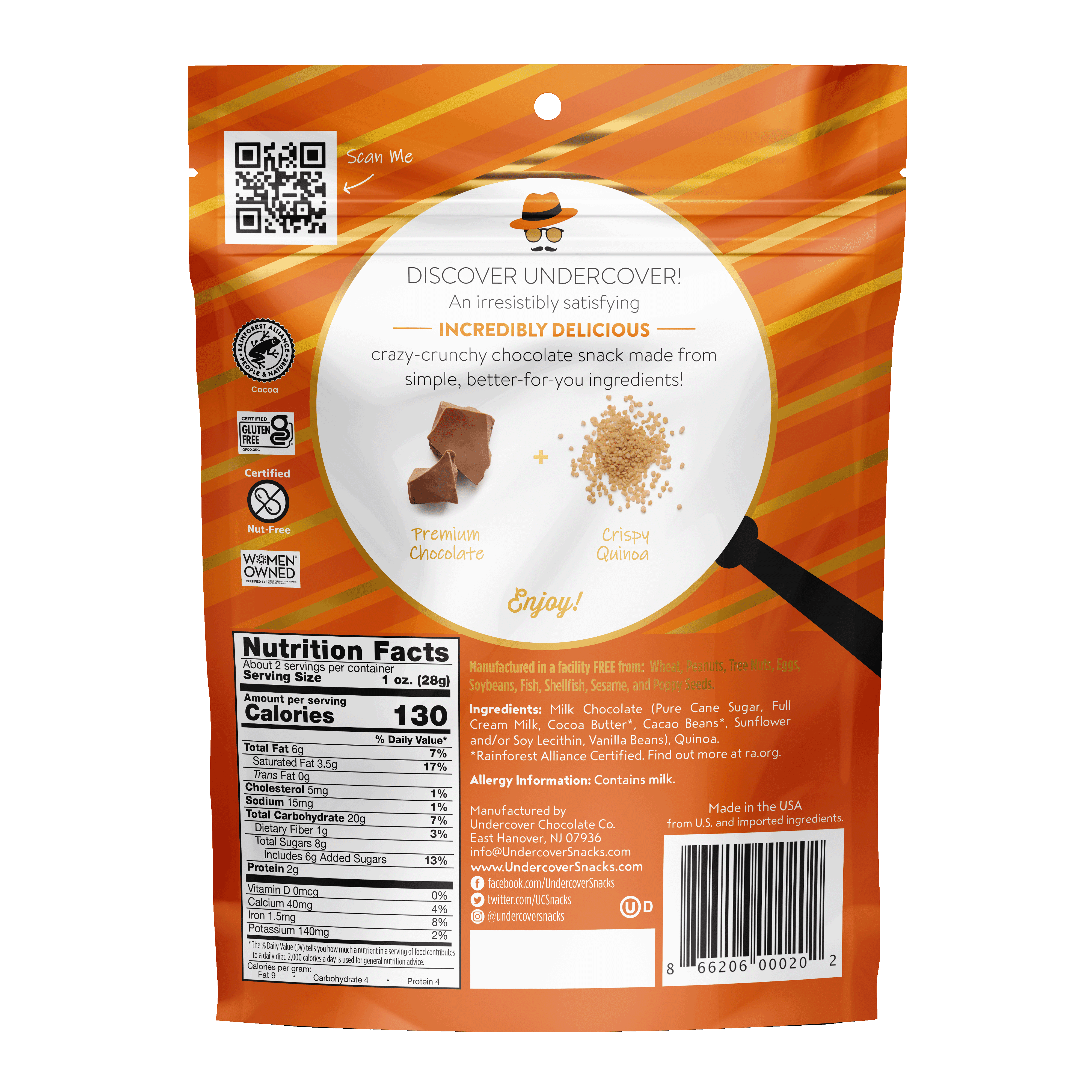 (4 pack) Undercover Snacks Crispy Quinoa Milk Chocolate Snack Bars, 2 oz