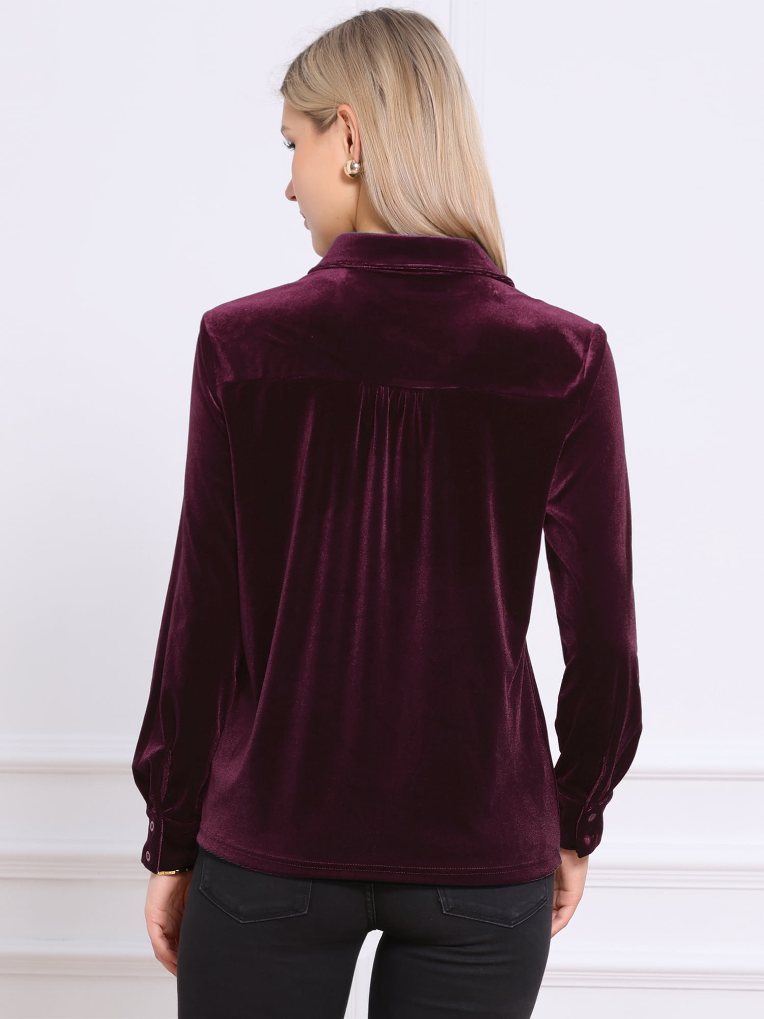 DARING DIVA Women's Vintage Velvet Long Sleeve Button Down Shirt Blouse M Dark Red