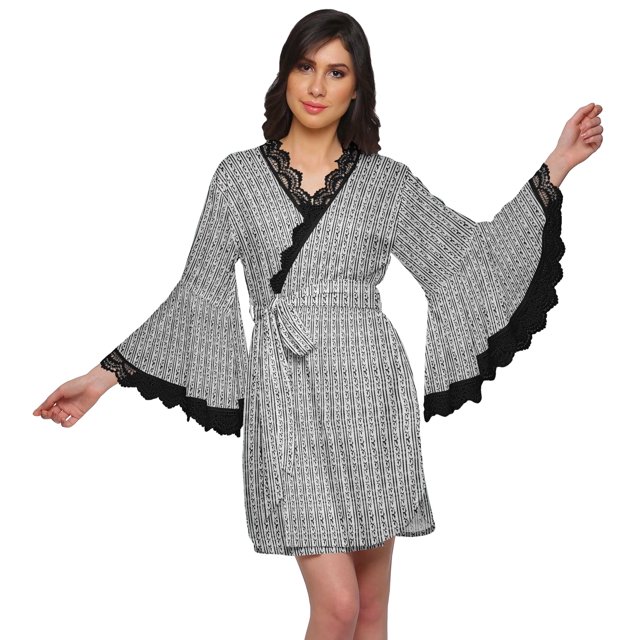 Moomaya Robe Courte Imprimée pour Mariée Préparation Manches Cloche Peignoir Femmes Enveloppe