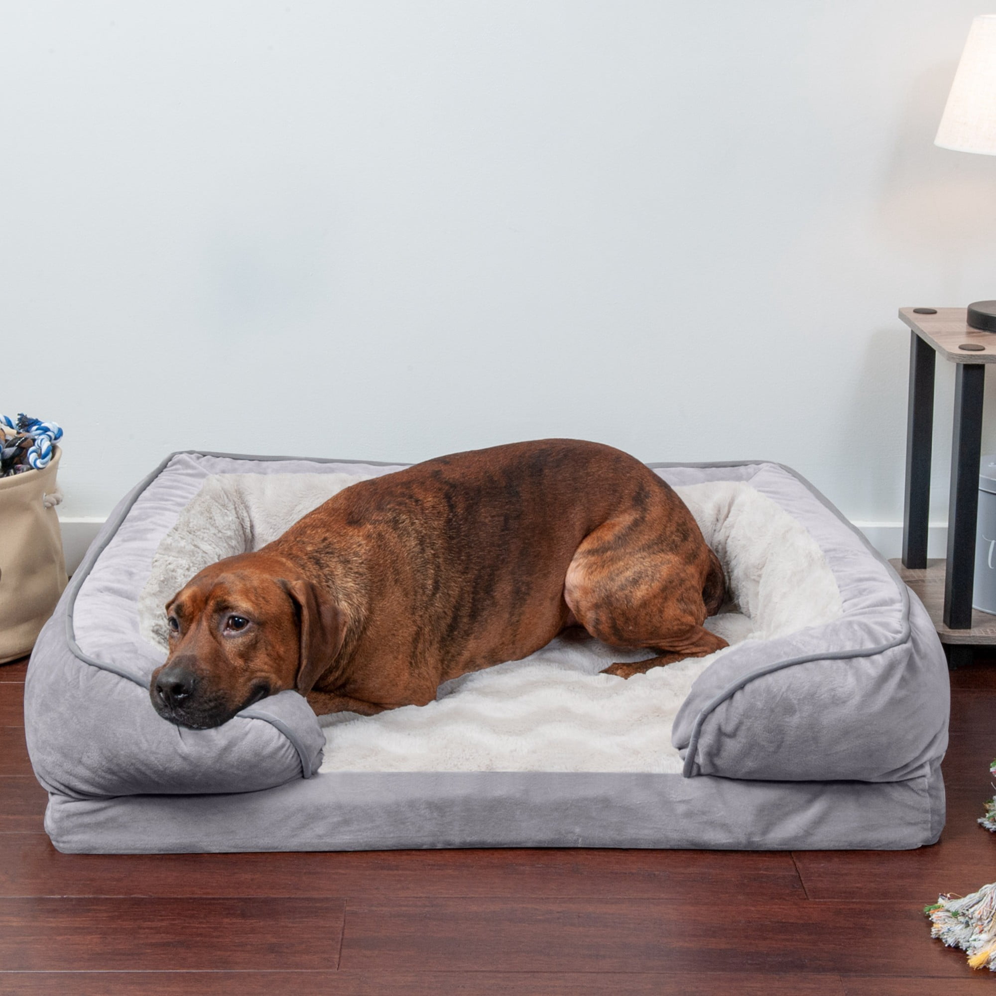 FurHaven Pet Products Velvet Waves Perfect Comfort Memory Top Sofa-Style Pet Bed for Dogs & Cats - Granite Gray, Large
