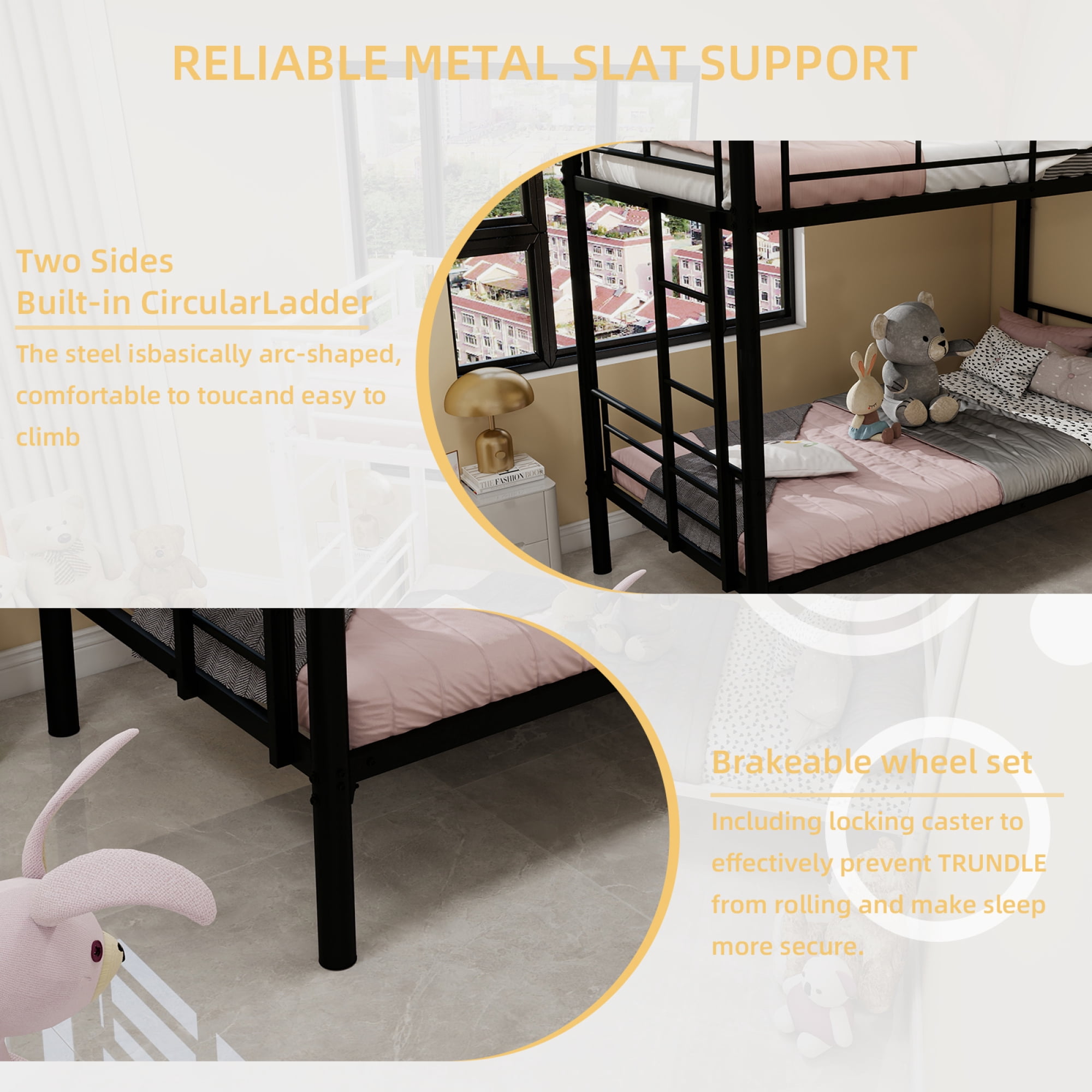 Leumius Twin Over Twin Bunk Bed for Kids Boys Girls, Metal Bunk Bed with Ladders & Guardrail,Convertible 2 Beds,Black