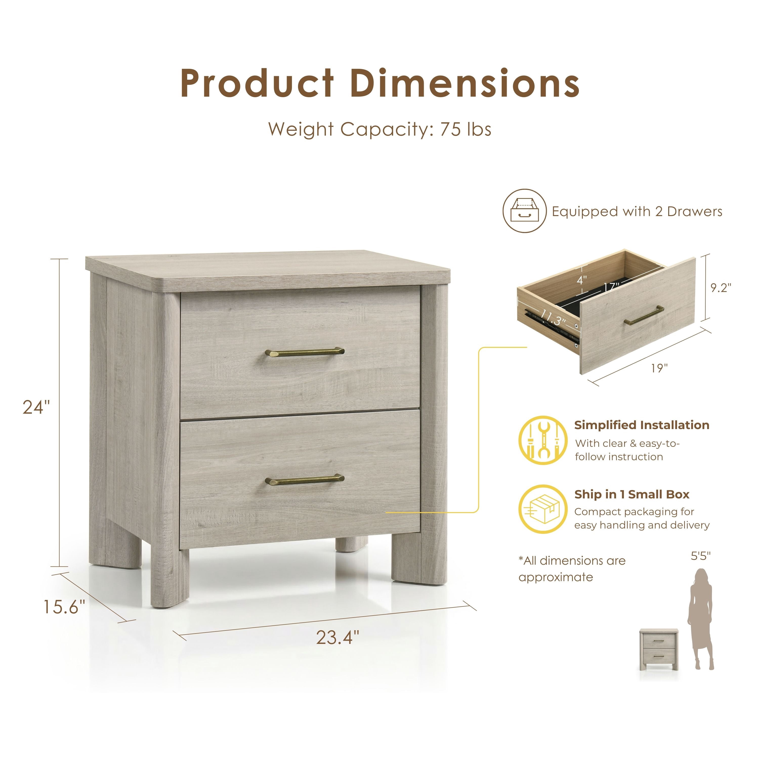 Furniture of America Gracie Modern Wood 2-Drawer Kids Nightstand with USB Ports, Cool Beige