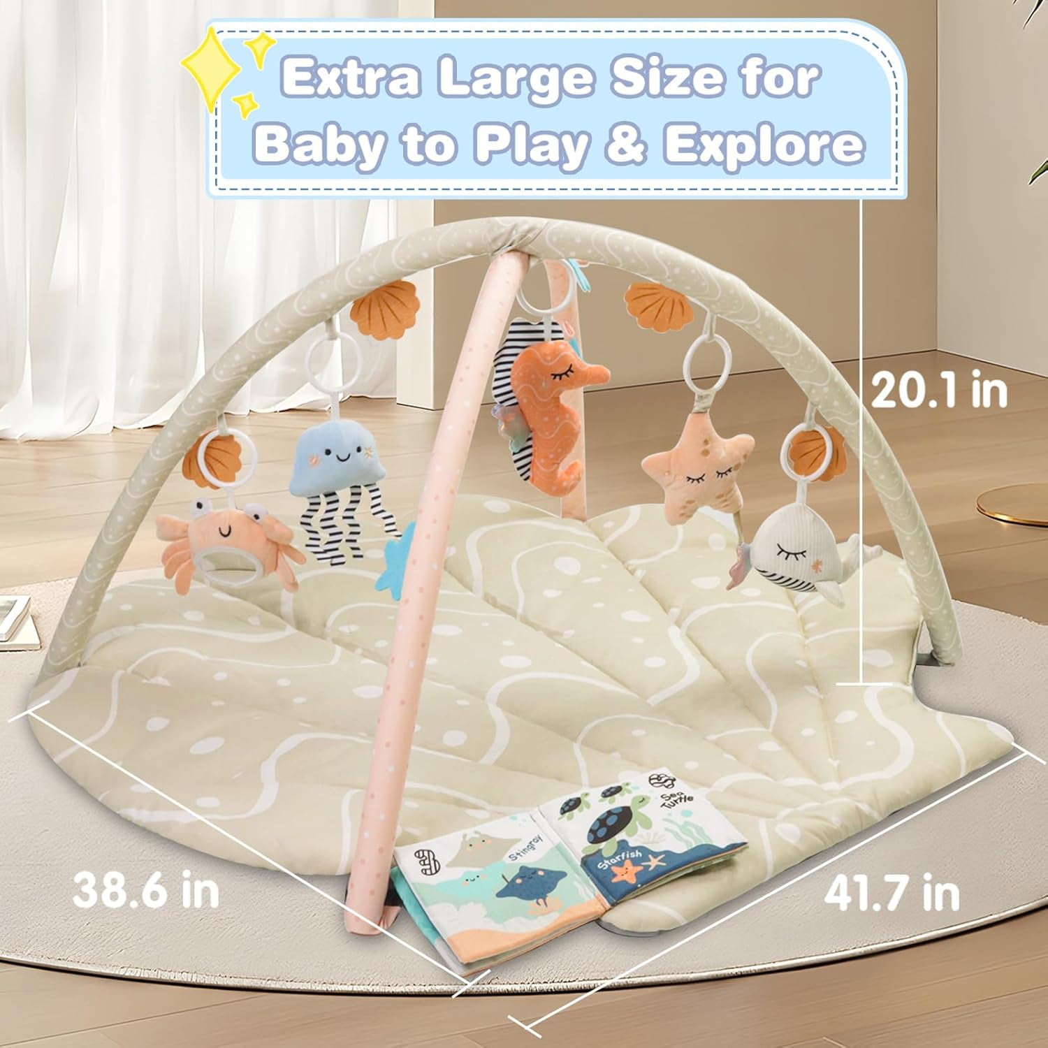 PRVAETU Baby Play Gym Mat, Oversize Tummy Time Activity Mat with 6 Detachable Toys for 3-18 Months Infant Sensory Exploration Skill Development,Beige