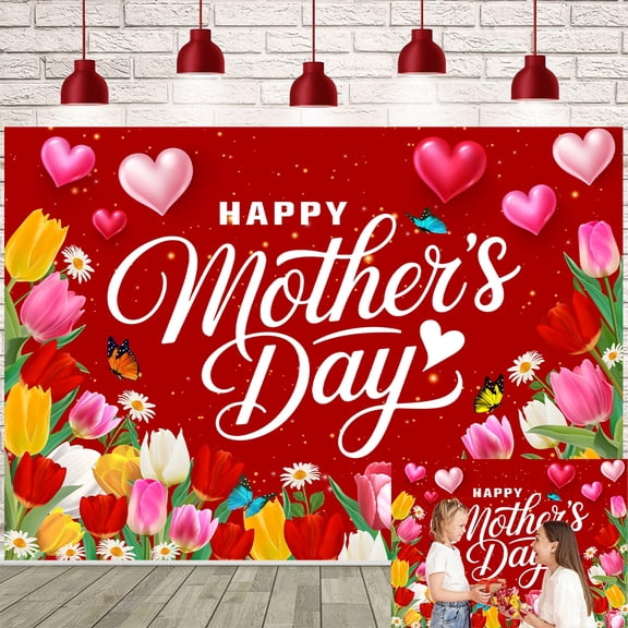 7x5FT Happy Mother's Day Backdrop Red Flowers Mother's Day Background Thanks Mother Party Photo Backdrops Mother's Day Birthday Party Background Vinyl