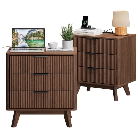 Set of 2 Mid-Century Modern Nightstands with 3 Storage Drawers & Built-in Charging Station – Walnut Wood Bedside Tables for Bedroom