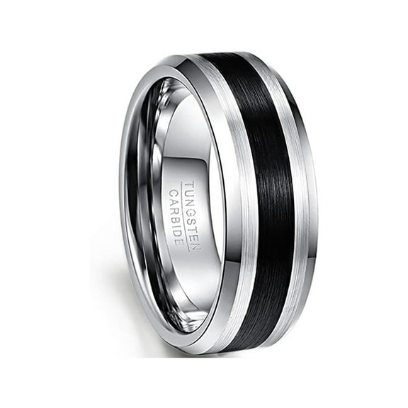 NUNCAD 8mm Men's Tungsten Rings Black Center Wedding Band Brushed Finish Beveled Edges Comfort Fit Size 5-14