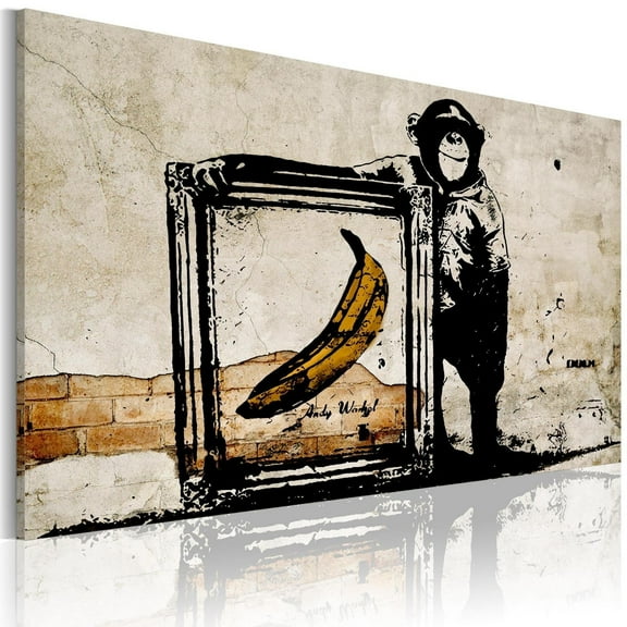 Tiptophomedecor Stretched Canvas Street Art - Banksy: Monkey With Banana In Frame Sepia - Stretched & Framed Ready To Hang Art