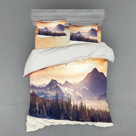 Ambesonne Nature Bedding Set 4 Pcs, Winter Evening Mountain, Queen, Multicolor