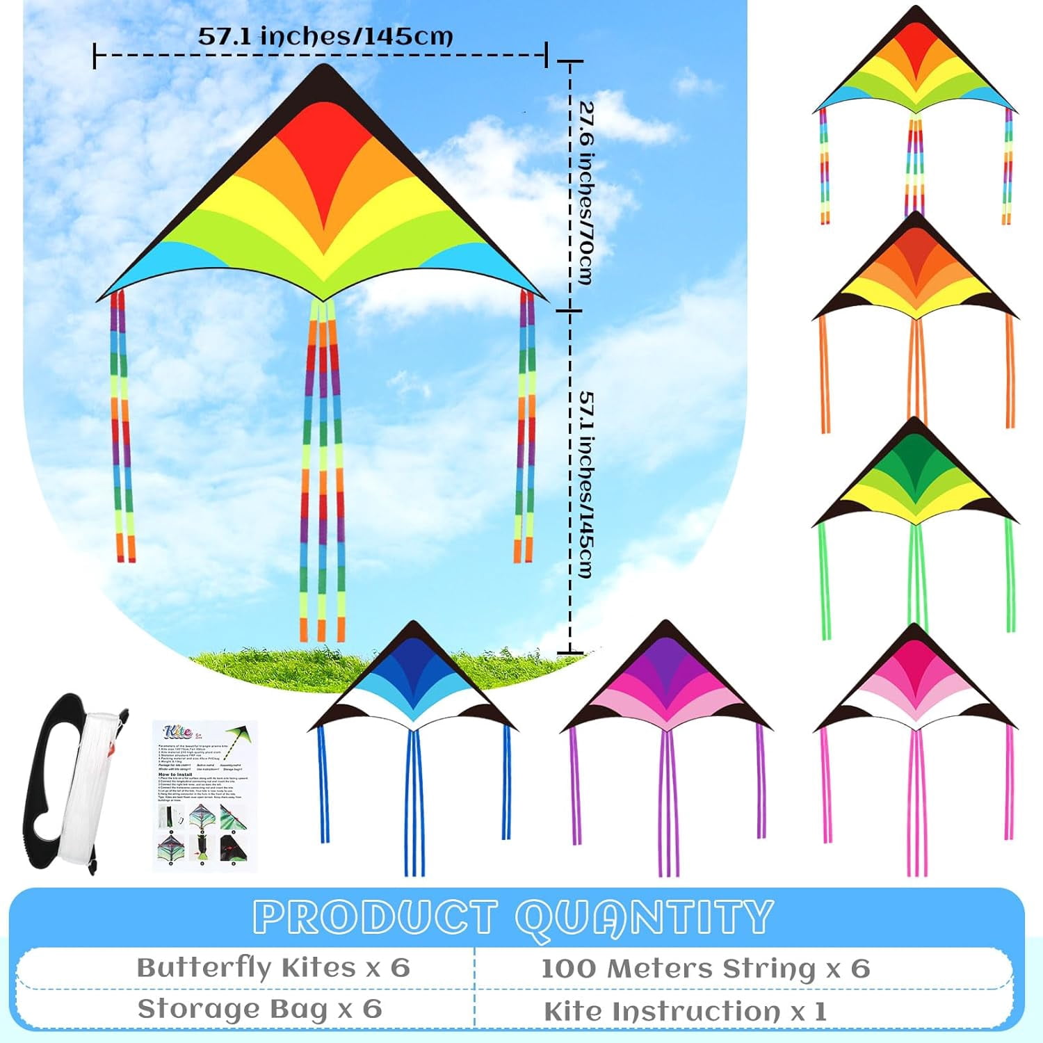 Large Delta Kites for Adults Easy to Fly 57.1 Inch with 328.1 ft String Rainbow Beach Delta Kites for Beginner Outdoor Supplies(Classic)