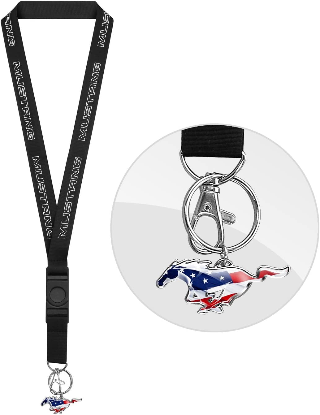 Ford Mustang in White Black Lanyard with US Flag Pony Charm