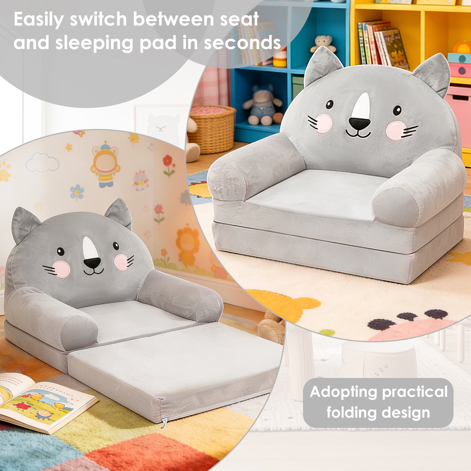 Dznils Toddler Sofa Chair, 2-in-1 Soft Foam Flip Open Kids Couch Lounger Comfy, Ages 1+, Gray Cat