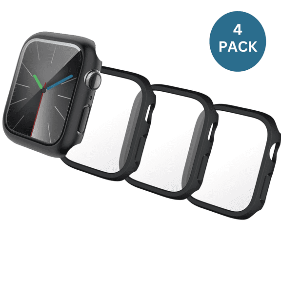 4-Pack Qixxronics For Apple Watch Series 6 / Series 5 / Series 4 Case 40mm, Black, with Built-in Tempered Glass Screen Protector