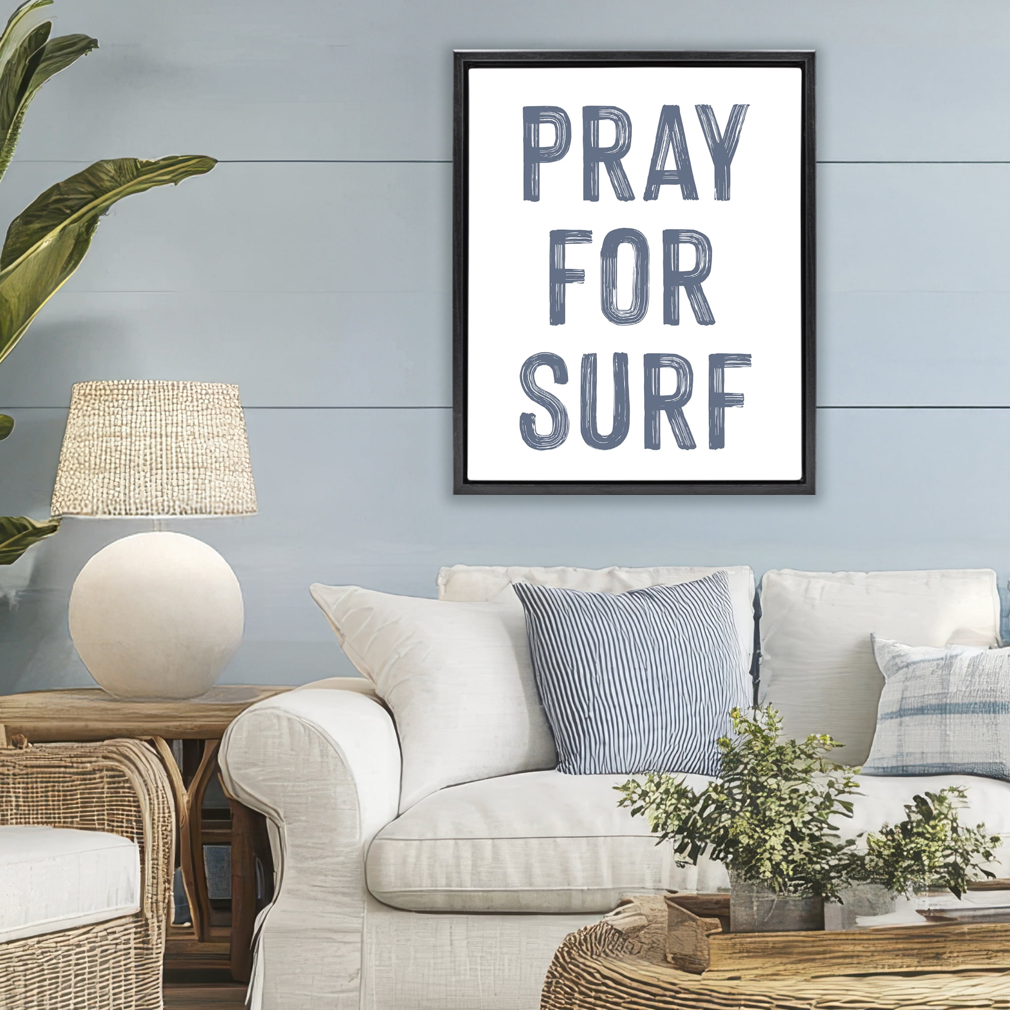 Summer Sentiment Pray For Surf Black Framed Floater Canvas Wall Art, design by Lettered and Lined