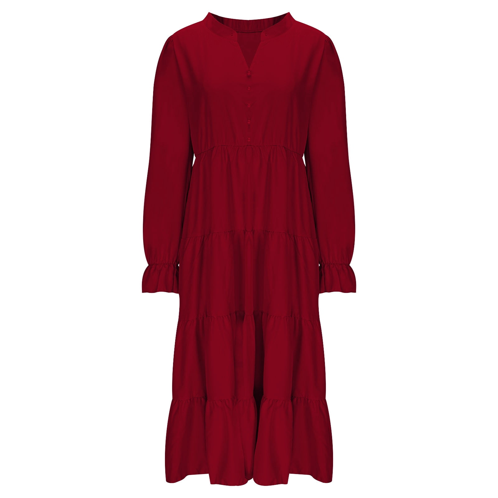 Arnsht Long Sleeve Dress for Women 2025 Spring Fall V Neck Tiered A-line Spring Elegant Modest Flowy Wedding Guest Maxi Dresses Red L