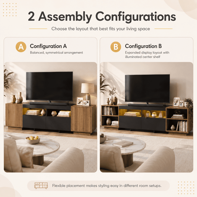 Lacoo 70 Inch TV Stand with LED Lights and Charging Station, Entertainment Center for 43-75 Inch TVs, Media Console with 2 Drawers, Adjustable Shelves and Modular Storage, Black and Brown