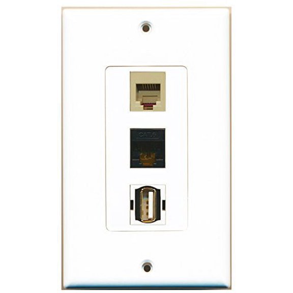 RiteAV - 1 Port USB A-A and 1 Port Phone RJ11 RJ12 Beige and 1 Port Cat6 Ethernet Black Decorative Wall Plate Decorative