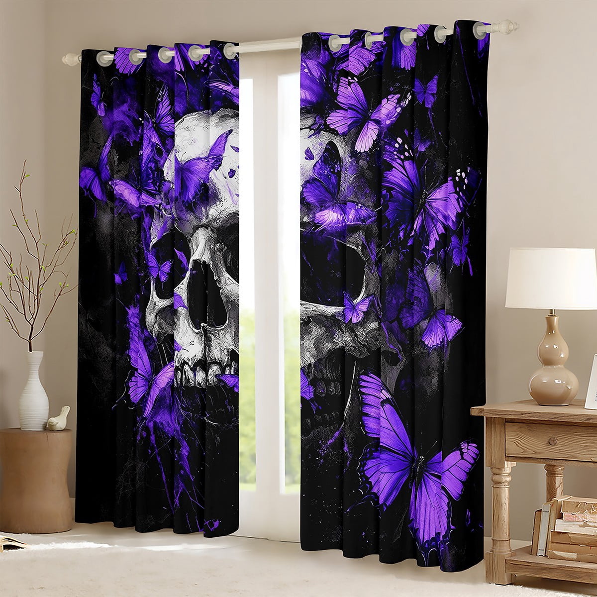 Manfei Spooky Halloween Skull Black Out Curtains,Cute Butterflies Curtains Pack of 2 (42x63 Each),Purple Black Bedroom Curtains For Girls Boys,Super Cozy Room Decor