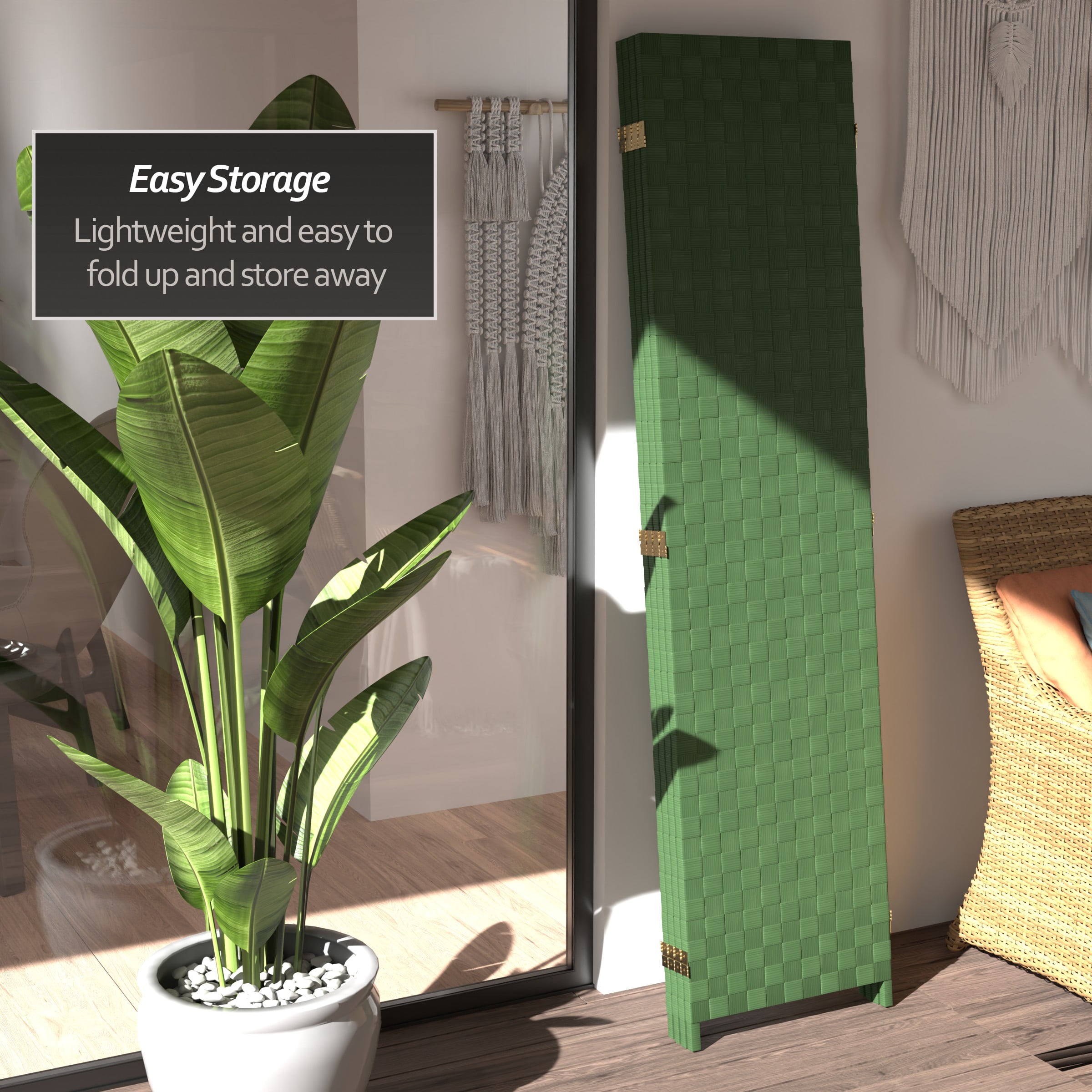 Red Lantern 6 ft. Tall Woven Fiber Outdoor All Weather Room Divider - 4 Panel - Green