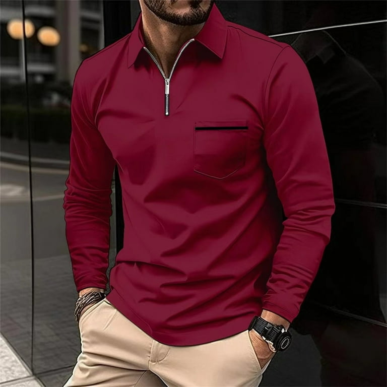 MEAGAOME Mens 2Xlt Polo Shirts 3Xlt Polo Men s Fashion Spring and Autumn Casual Long Sleeve Zipper Solid Color Long Sleeve T Shirt Top Men S Workout Shirt 16Th Birthday Gifts Boy Outlet