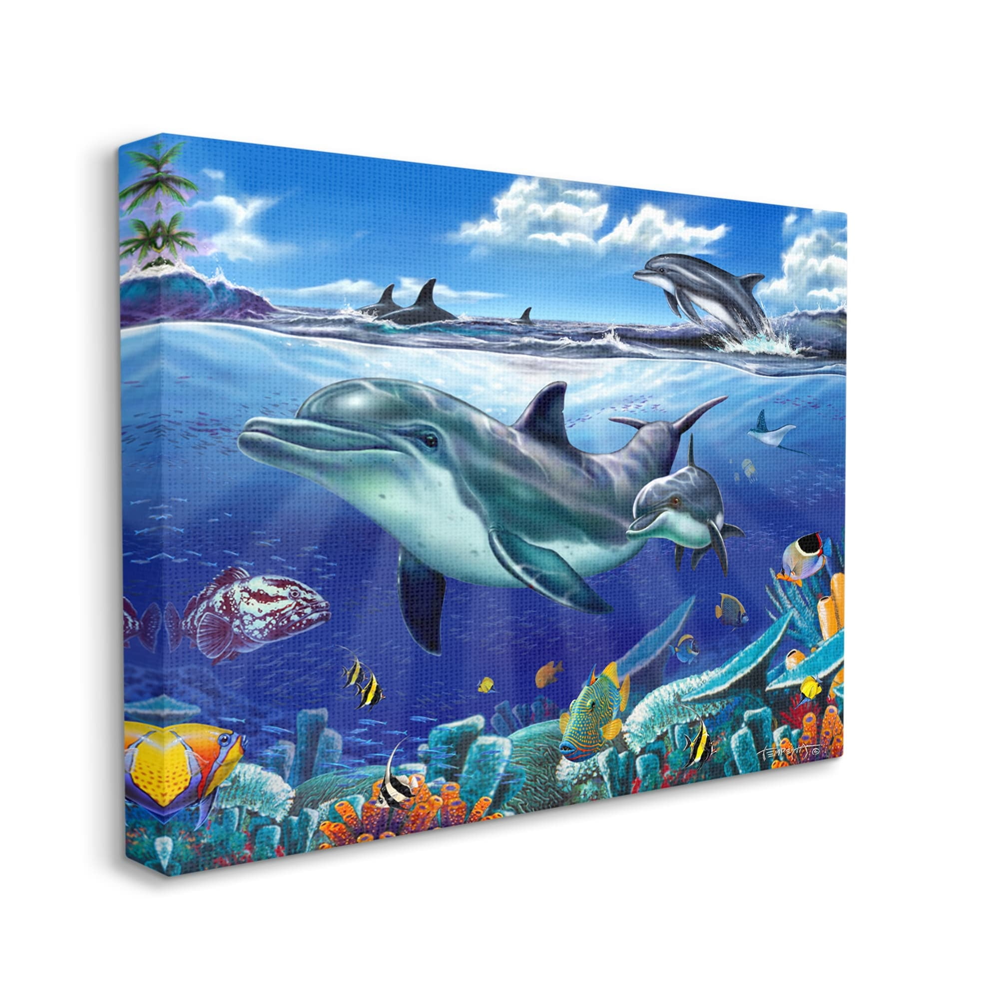 Stupell Industries Dolphins Swimming Bold Coral Reef Coastal Painting Gallery Wrapped Canvas Print Wall Art