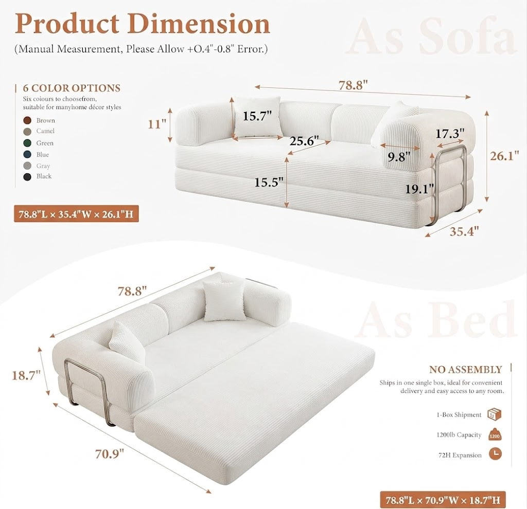 avobird 78" Convertible Sofa Bed, 5-in-1 Corduroy Futon Pull Out Couch, No Assembly Boneless Sleeper Sofa for Living Room & Bedroom, White