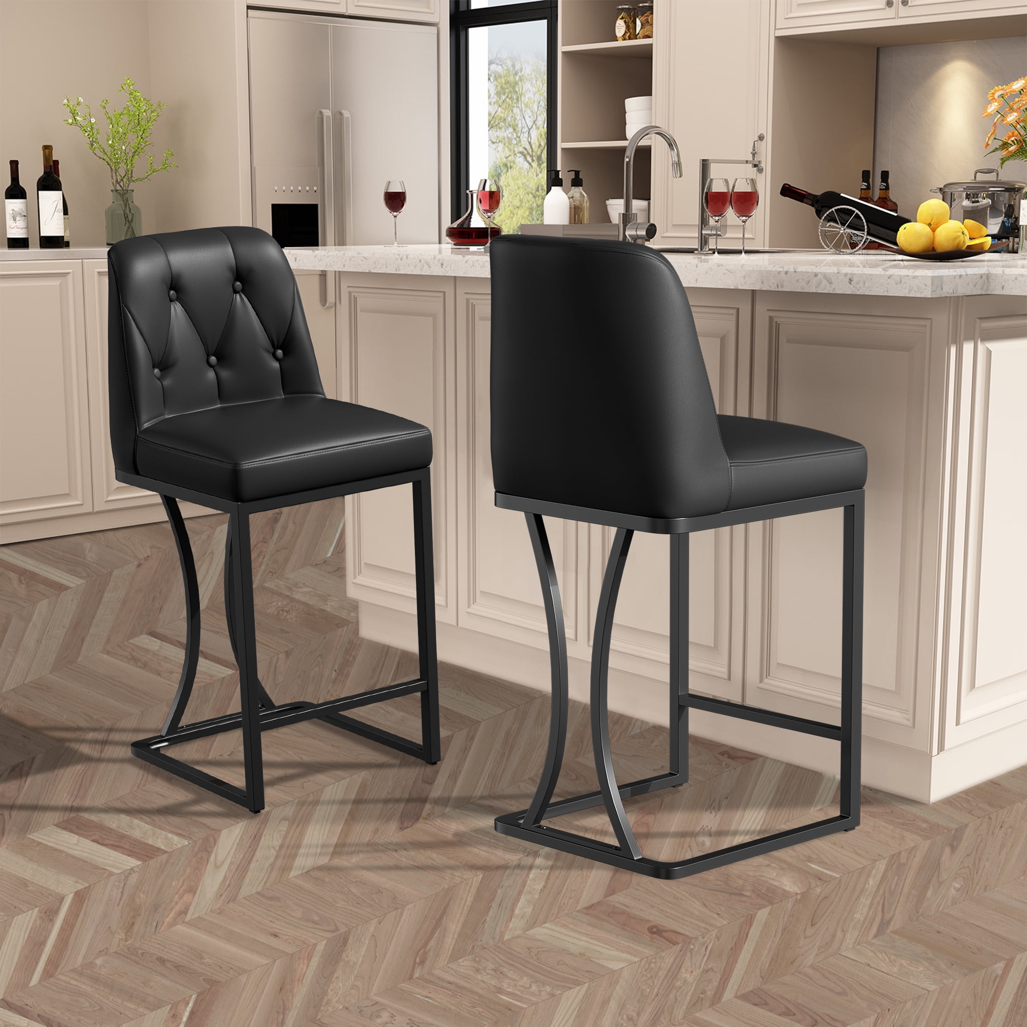 iooHug Set of 2 Black Bar Stools, 24" Counter Height Bar Stools, Faux Leather Bar Chairs with Back and Black Footrest, Modern Kitchen Island Stools for Dining Room or Bar Area