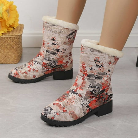 

YUNAFFT Women s Boots Clearance Women s Vintage Solid-color Printed Plush Mid-heel Mid-calf Boots
