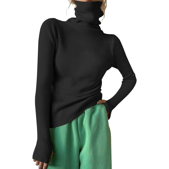 BOOMILK Turtleneck Sweaters for Women Plus Size Ribbed Knitted Top Long Sleeve Solid Slim Fit Casual Cable Knit Sweater