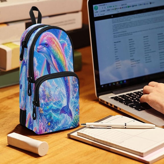 Backpack Pencil Case, 3 Compartment Large Capacity Oxford Fabric Pencil Pouch / Fantasy Rainbow Dolphin Sea