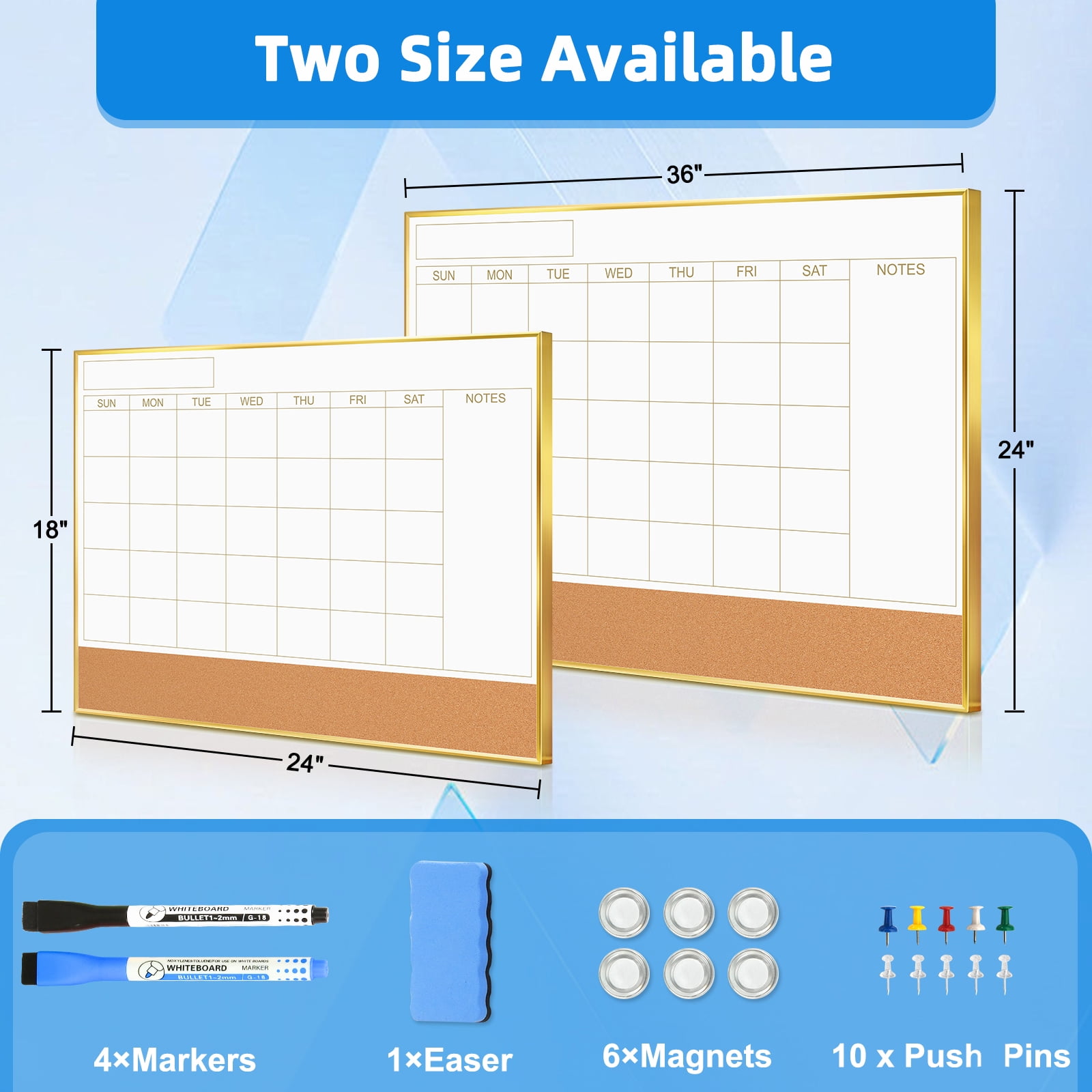 Dry Erase Calendar Whiteboard Cork Board Combo 24"x18" Magnetic White Board Calendar Dry Erase for Wall, Monthly Calendar Whiteboard Combination Board for Office Home, Gold Frame